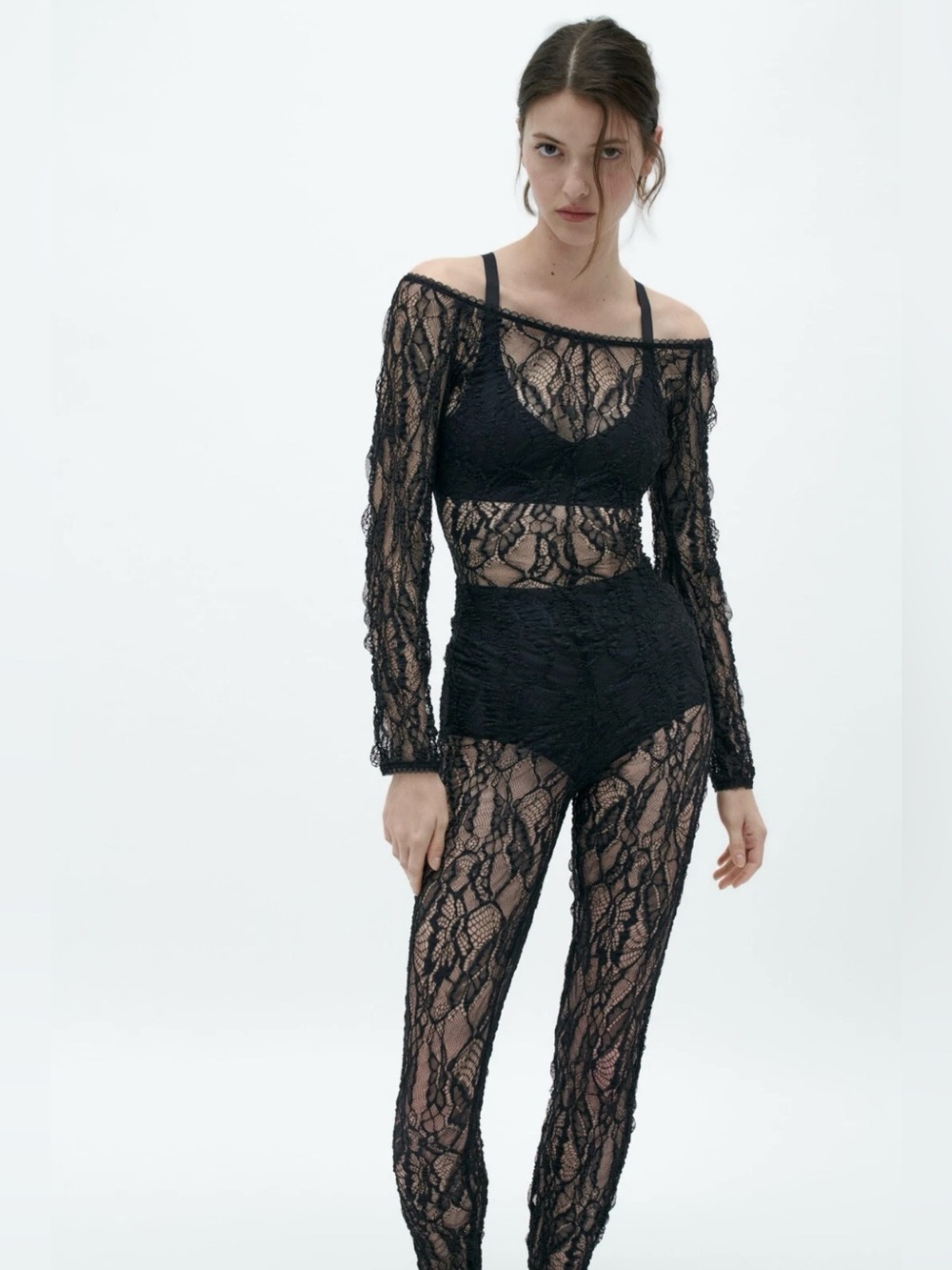 Zara • Women’s Sheer Black Lace Off-Shoulder Jumpsuit M NWT